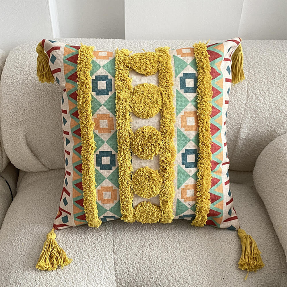 Moroccan Decorative Throw Pillow with Tassels and Tufted Texture