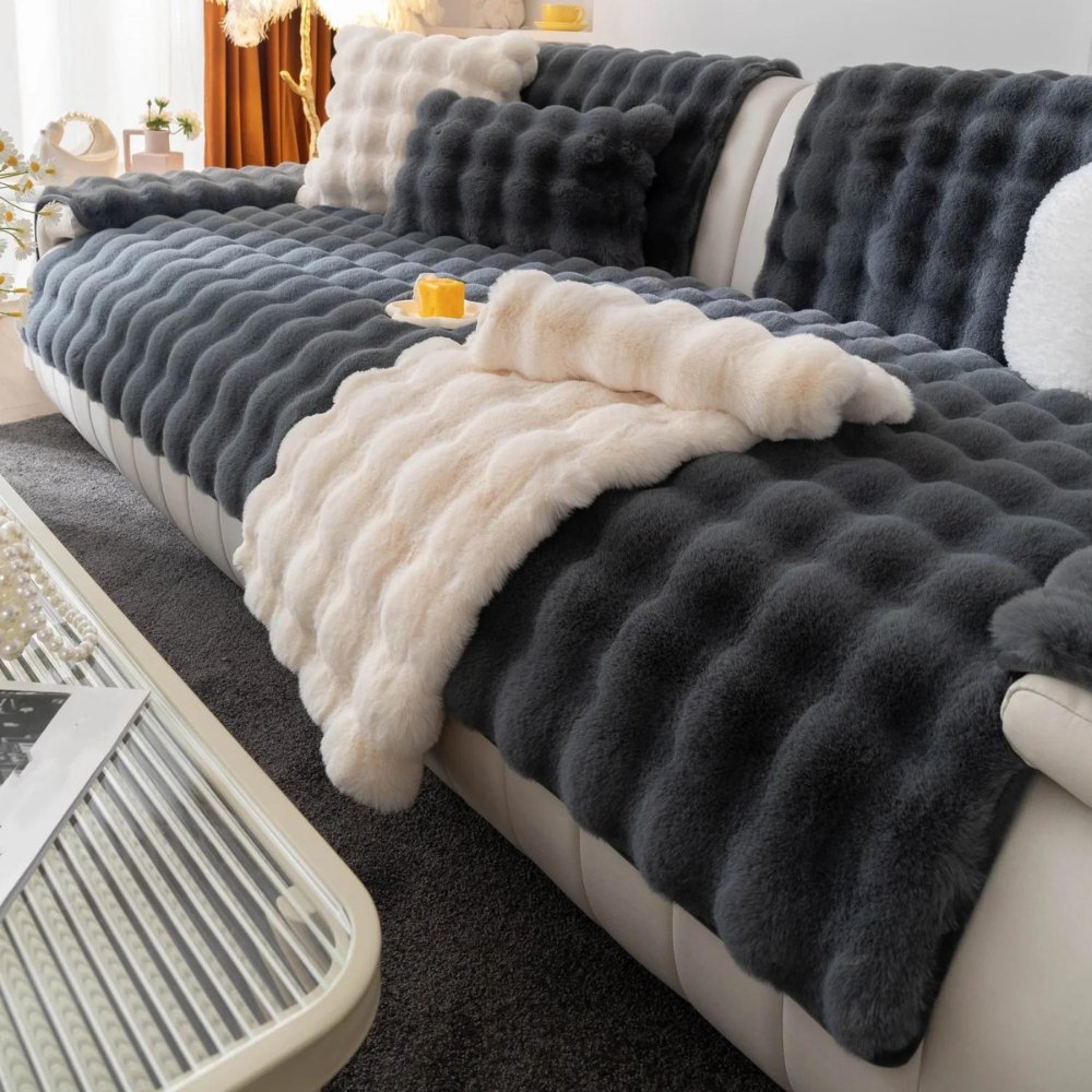 Plush Rabbit Fur Dog Sofa Cover with Anti-Slip Backing