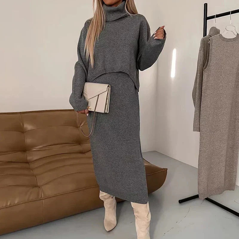 Midi Dress Set with Blouse for Autumn-Winter Elegance