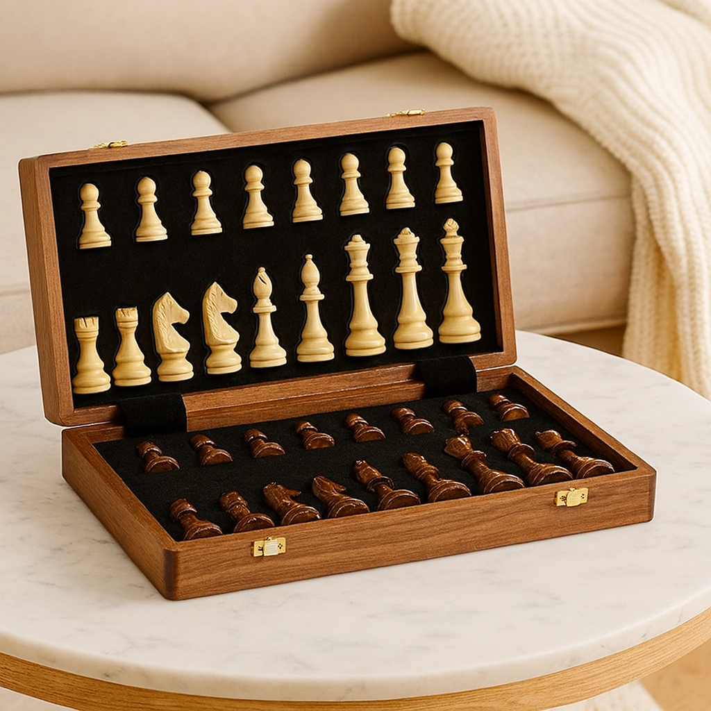 Foldable Chess Set with Detailed Pieces and Storage