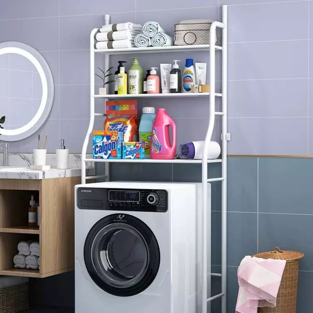Steel Washing Machine Rack with Adjustable Shelves in Black or White