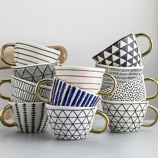 Geometric Ceramic Coffee Mug with Gold Handle