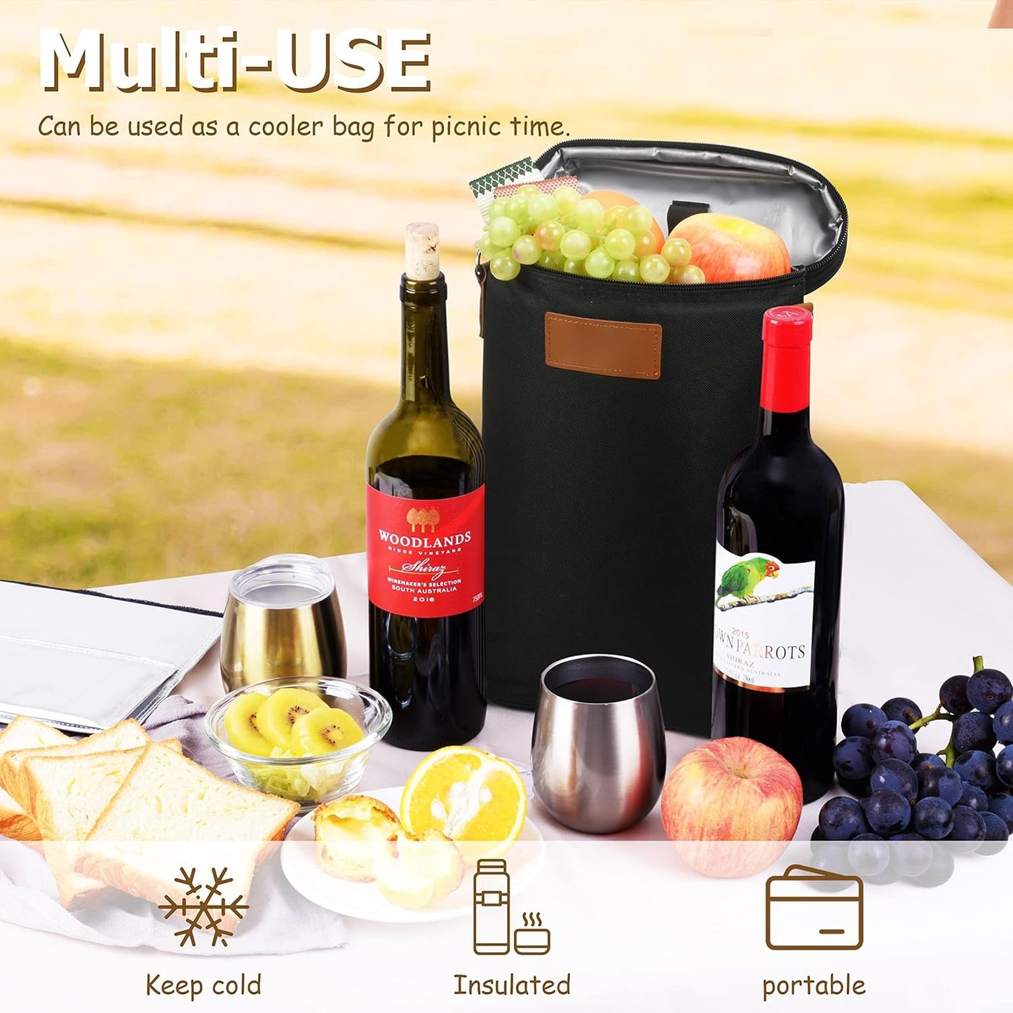 Insulated Dual Wine Bottle Carrier with Padded Divider - Buy 1 Get 1 Free