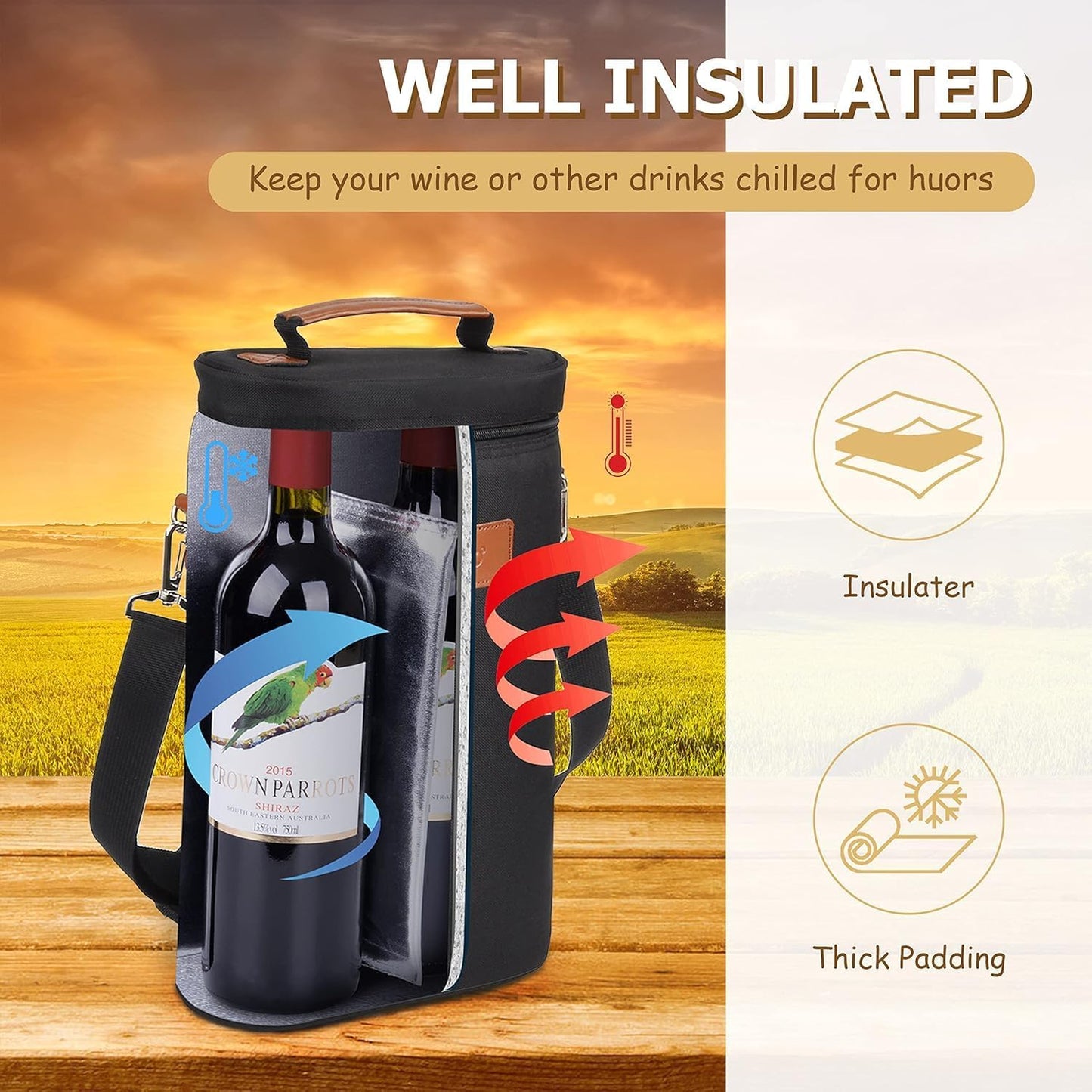 Insulated Dual Wine Bottle Carrier with Padded Divider - Buy 1 Get 1 Free