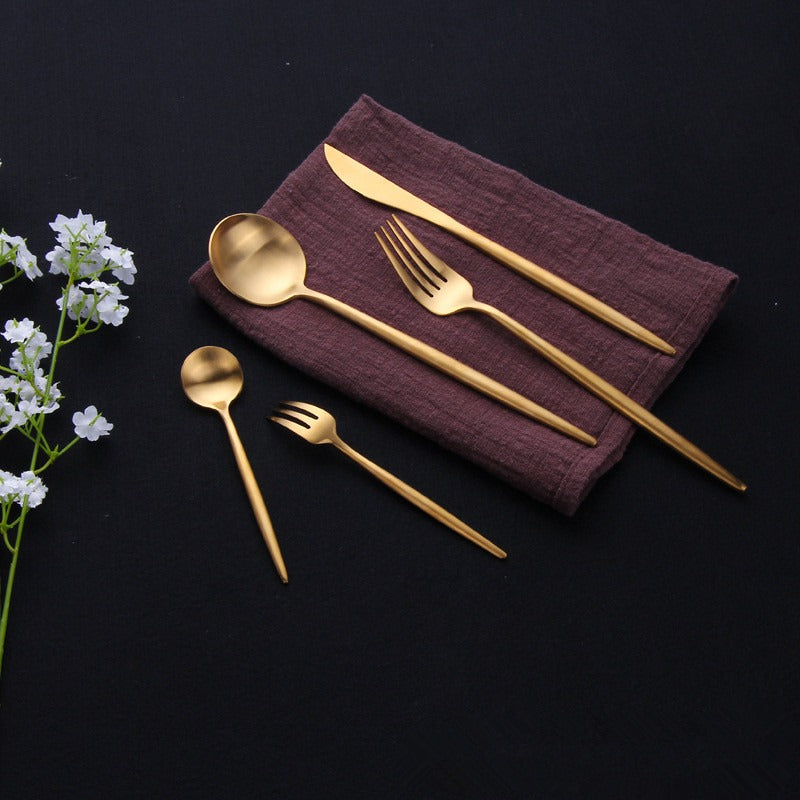 Modern Minimalist Stainless Steel Cutlery Set in Black, Gold, Rose Gold, and Silver