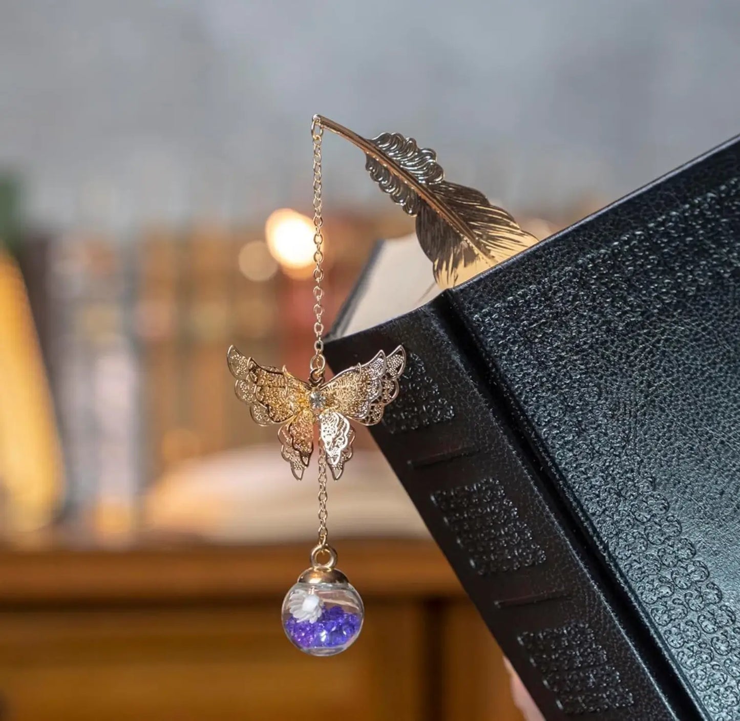 Handcrafted Golden Feather Bookmark with Flower and Butterfly Charm