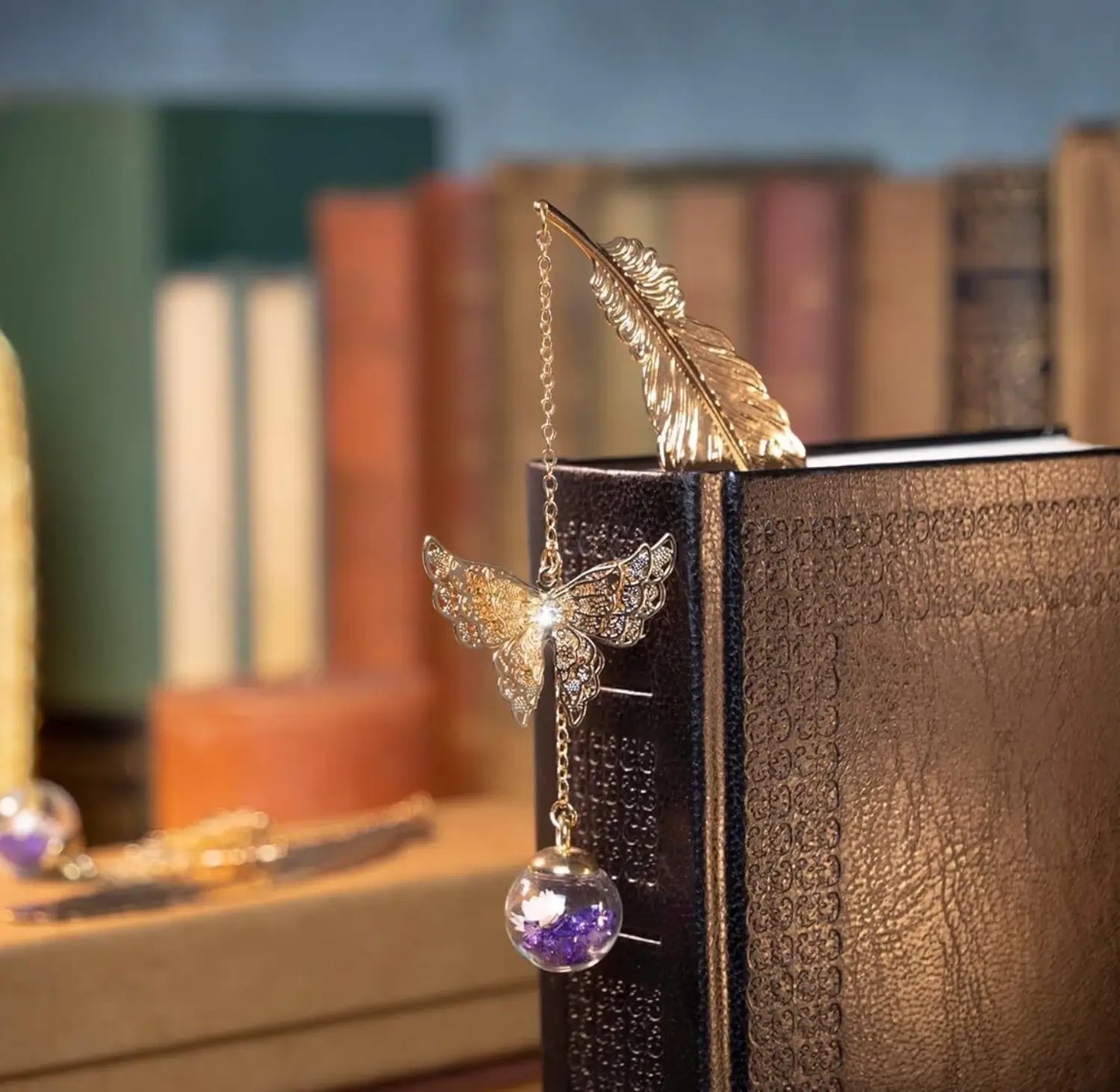 Handcrafted Golden Feather Bookmark with Flower and Butterfly Charm