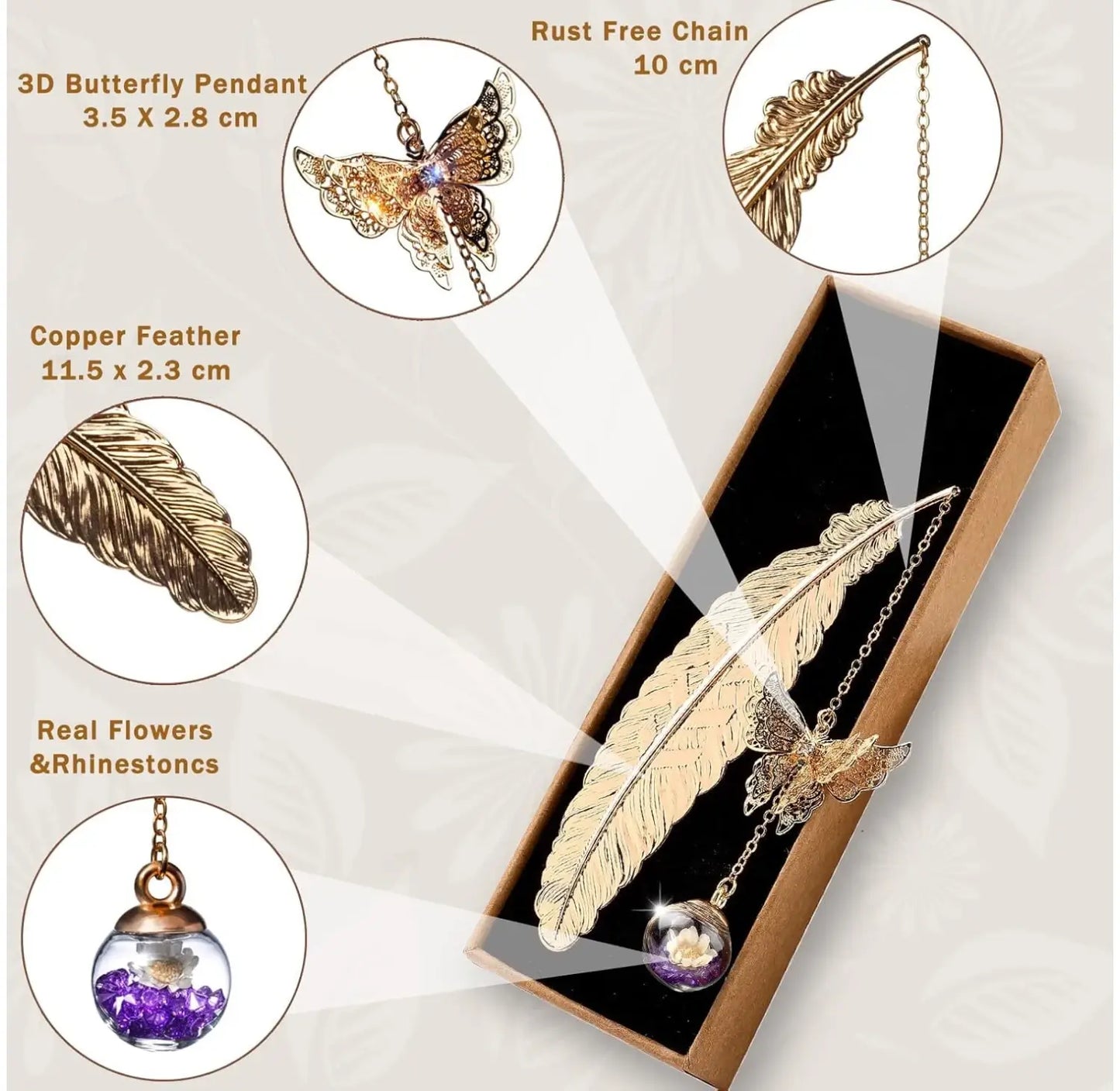 Handcrafted Golden Feather Bookmark with Flower and Butterfly Charm