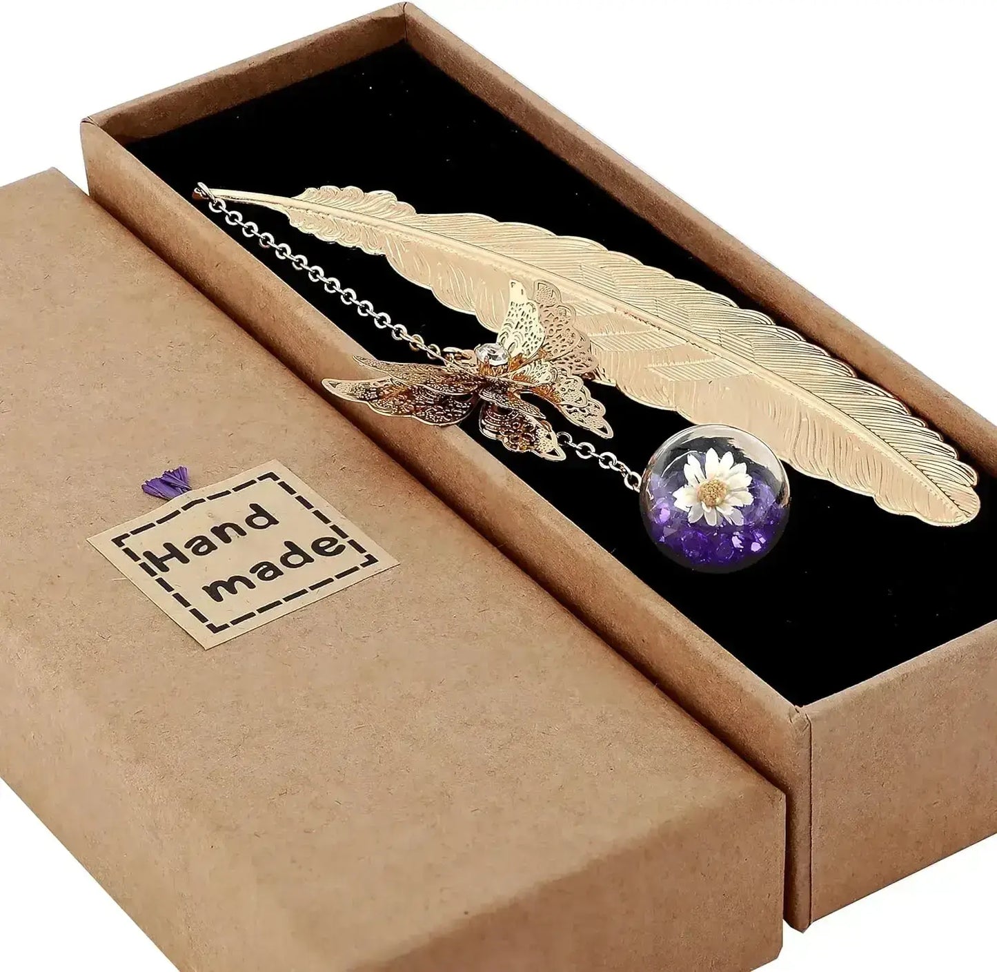 Handcrafted Golden Feather Bookmark with Flower and Butterfly Charm