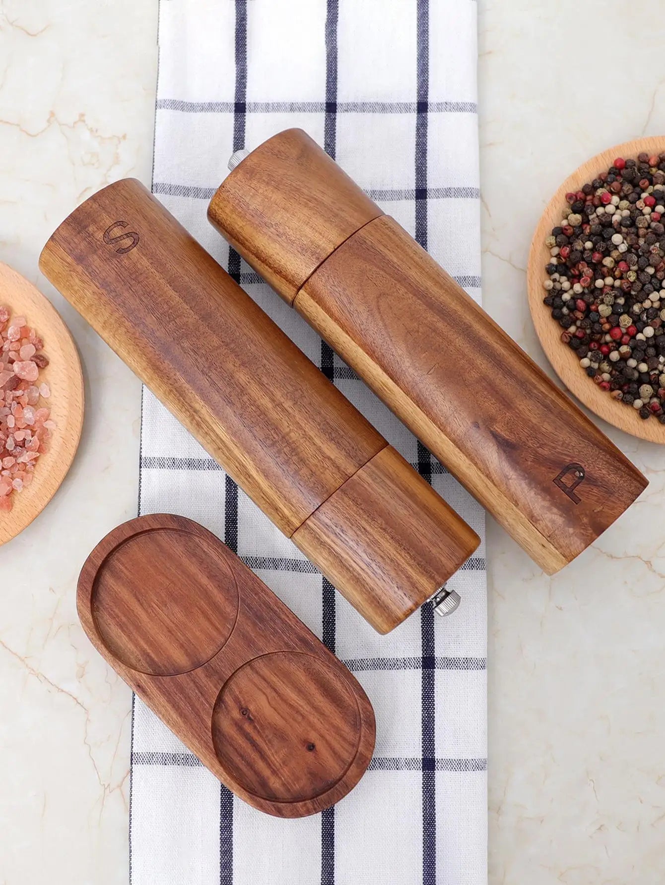 Pepper and Salt Mill Set with Tray – Adjustable Grinding