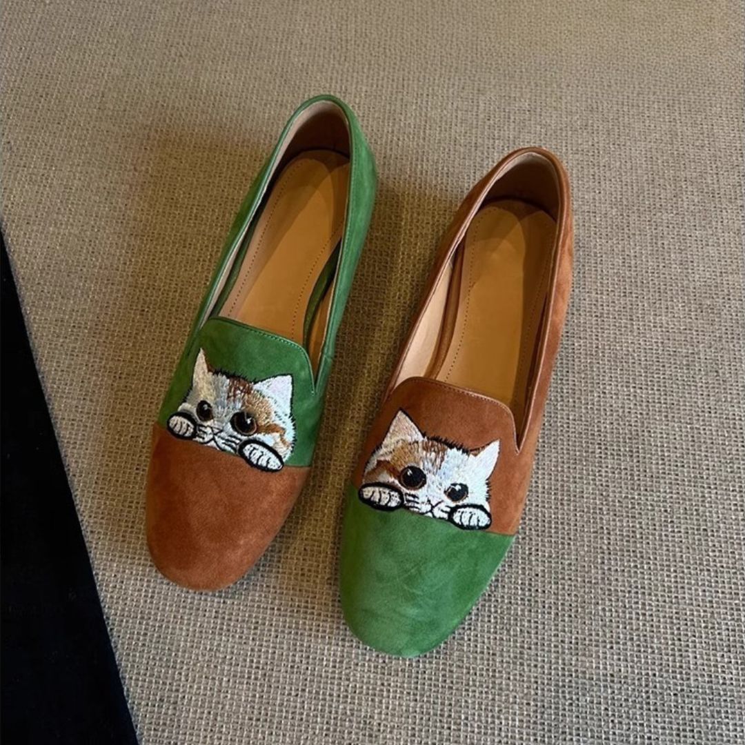 Embroidered Cat Loafers for Women in Green and Tan