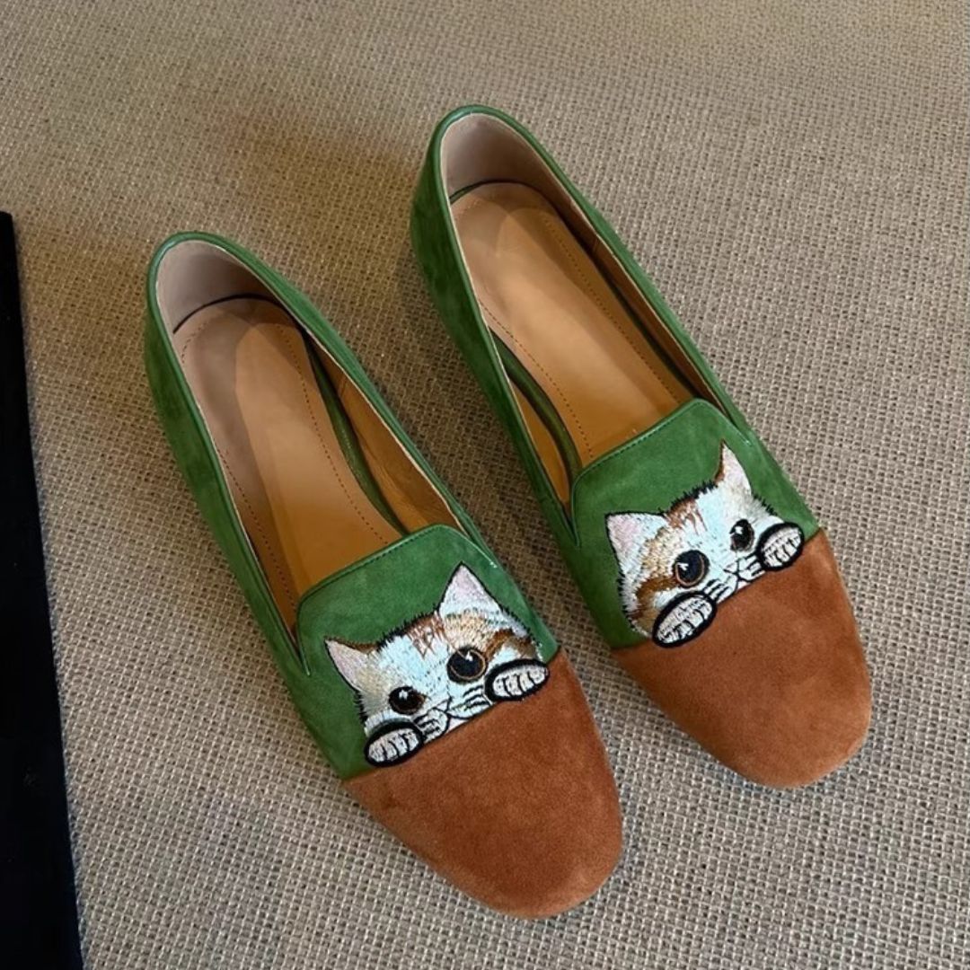 Embroidered Cat Loafers for Women in Green and Tan