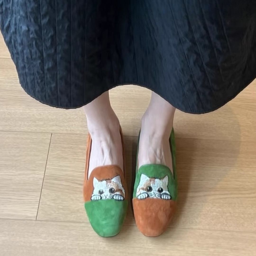 Embroidered Cat Loafers for Women in Green and Tan