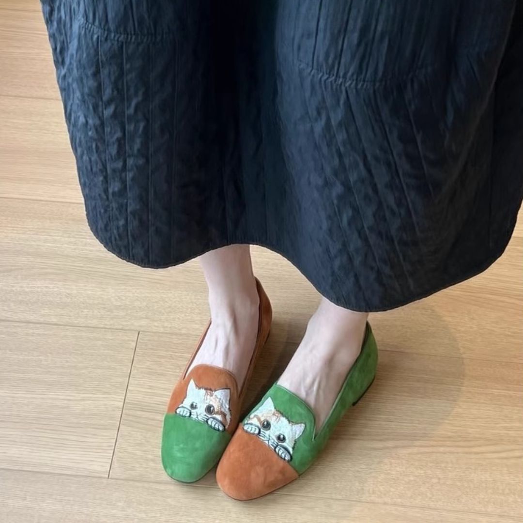 Embroidered Cat Loafers for Women in Green and Tan