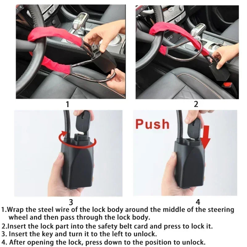 Universal Steering Wheel Lock with Seat Security Protection