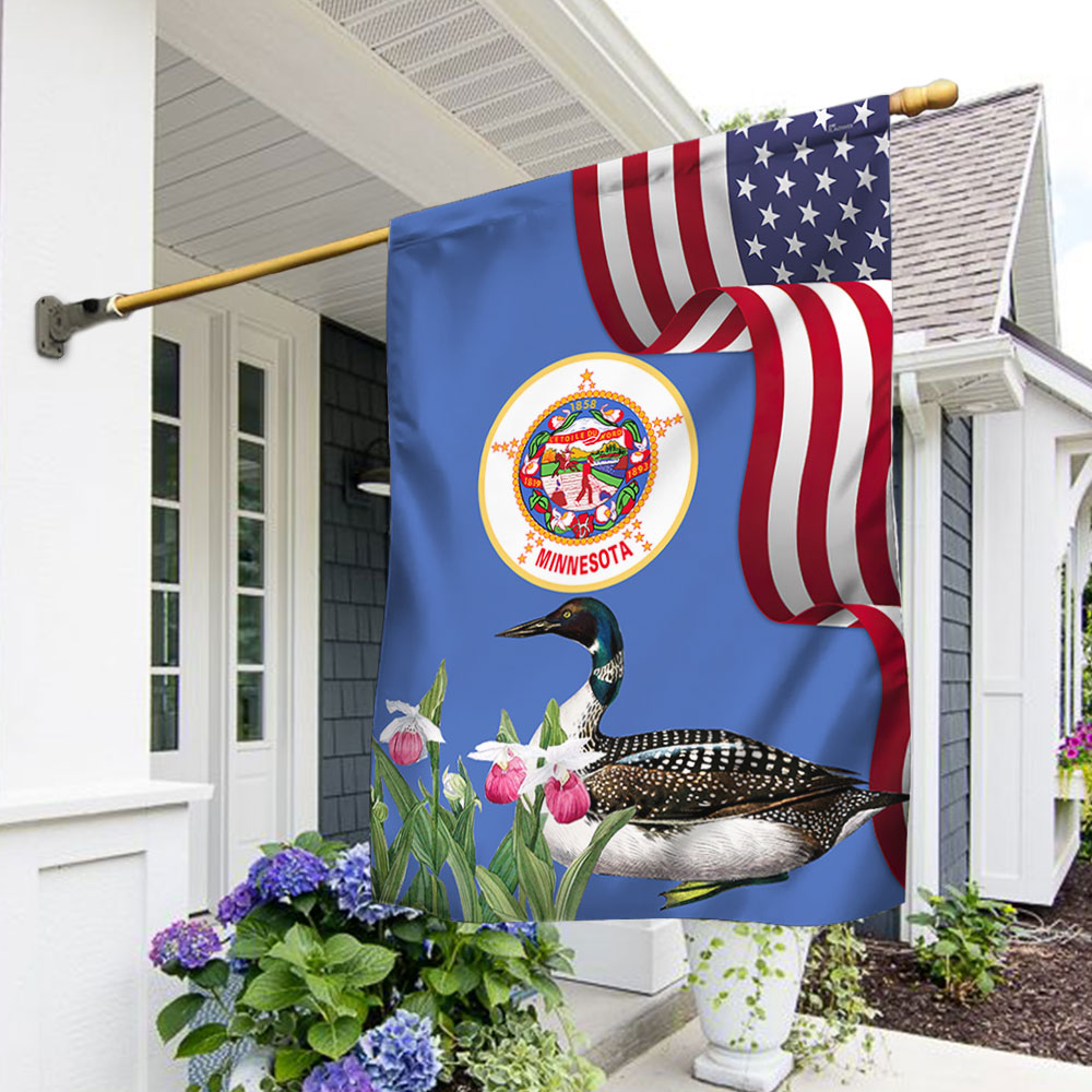 Minnesota State Lady's Slipper Flower and Loon Double-Sided Flag
