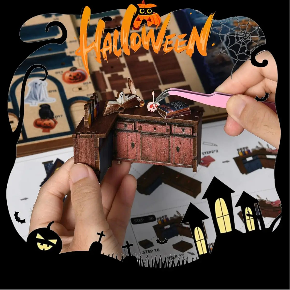 DIY Miniature Haunted House Kit with Glowing Lanterns and Spooky Decor