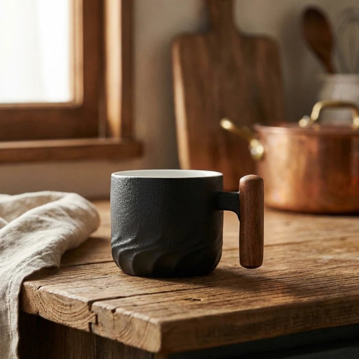 Handcrafted Ceramic Coffee Mug with Wooden Handle