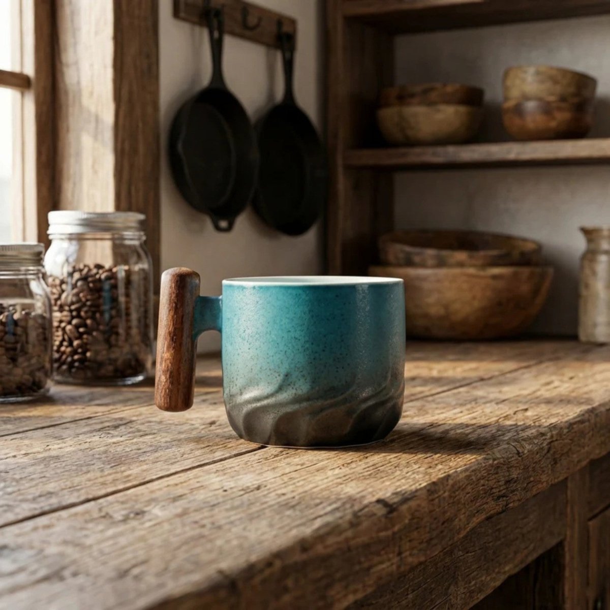 Handcrafted Ceramic Coffee Mug with Wooden Handle