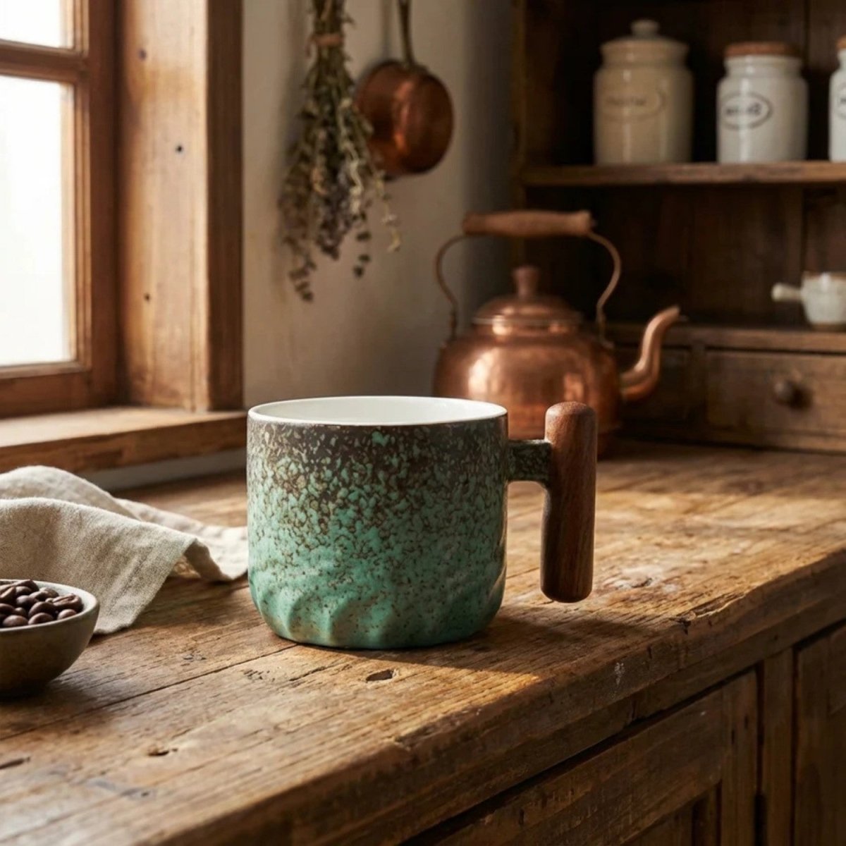 Handcrafted Ceramic Coffee Mug with Wooden Handle