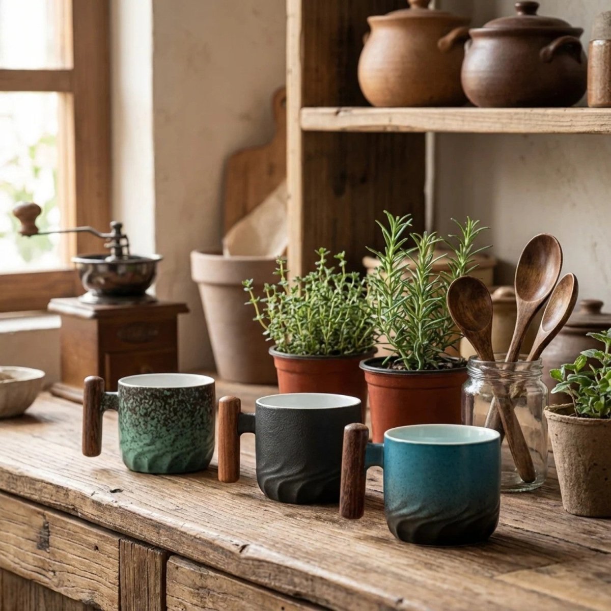 Handcrafted Ceramic Coffee Mug with Wooden Handle