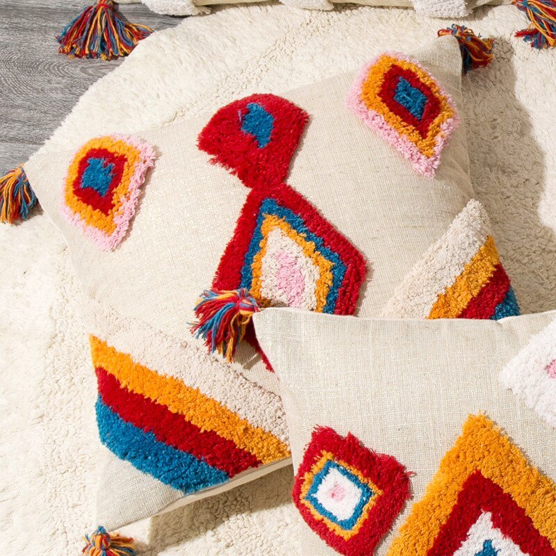 Handcrafted Moroccan Boho Pillow Cover with Wool Tassels