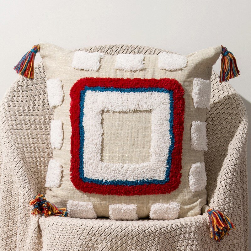 Moroccan Boho Chic Pillow Cover with Wool Tassels