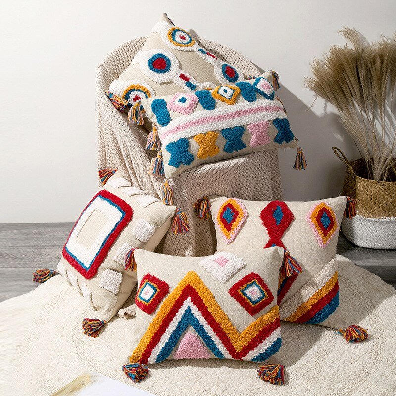 Moroccan Boho Chic Pillow Cover with Wool Tassels