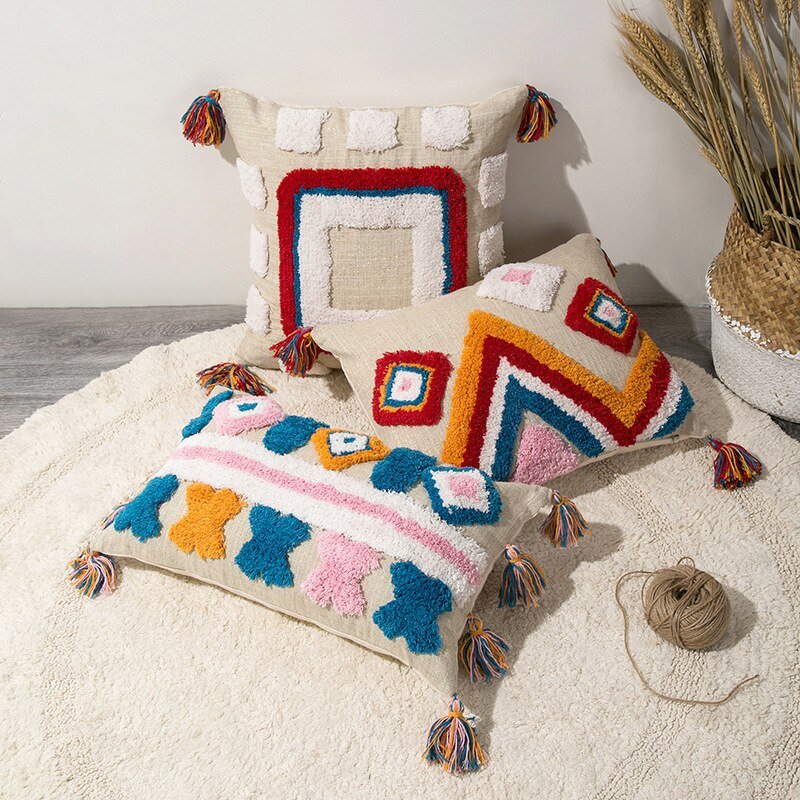 Moroccan Boho Chic Pillow Cover with Wool Tassels