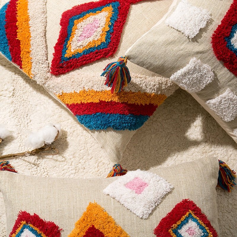 Moroccan Boho Chic Pillow Cover with Wool Tassels