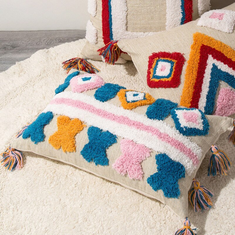 Handcrafted Moroccan Boho Pillow Cover with Wool Tassels