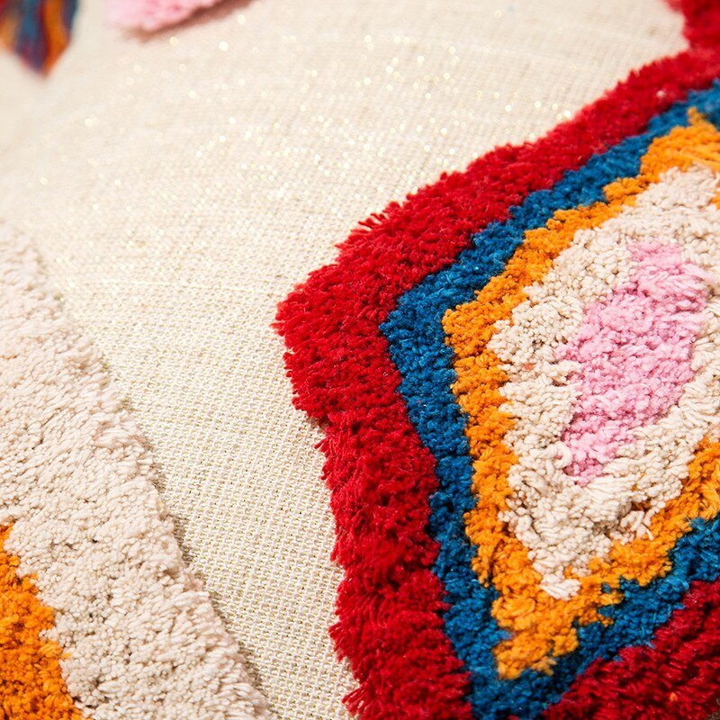 Handcrafted Moroccan Boho Pillow Cover with Wool Tassels
