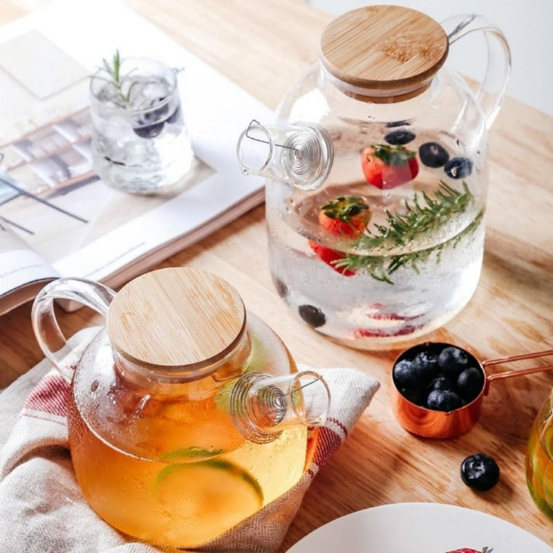 Scandinavian Borosilicate Glass Teapot Set with Oak Tray and Cups
