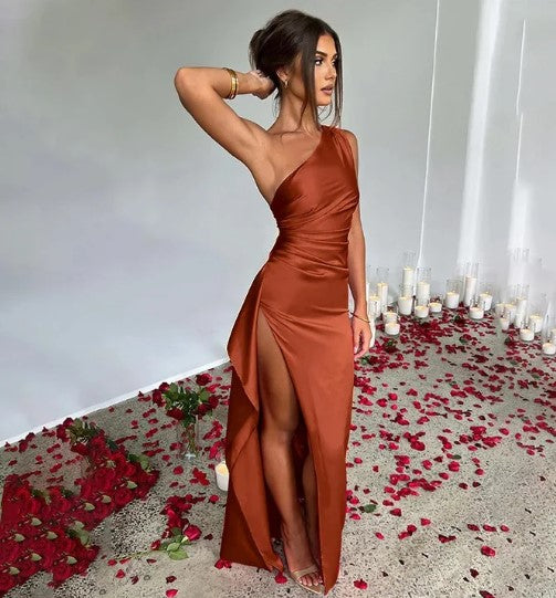 Satin Maxi Dress with Diagonal Shoulder Design