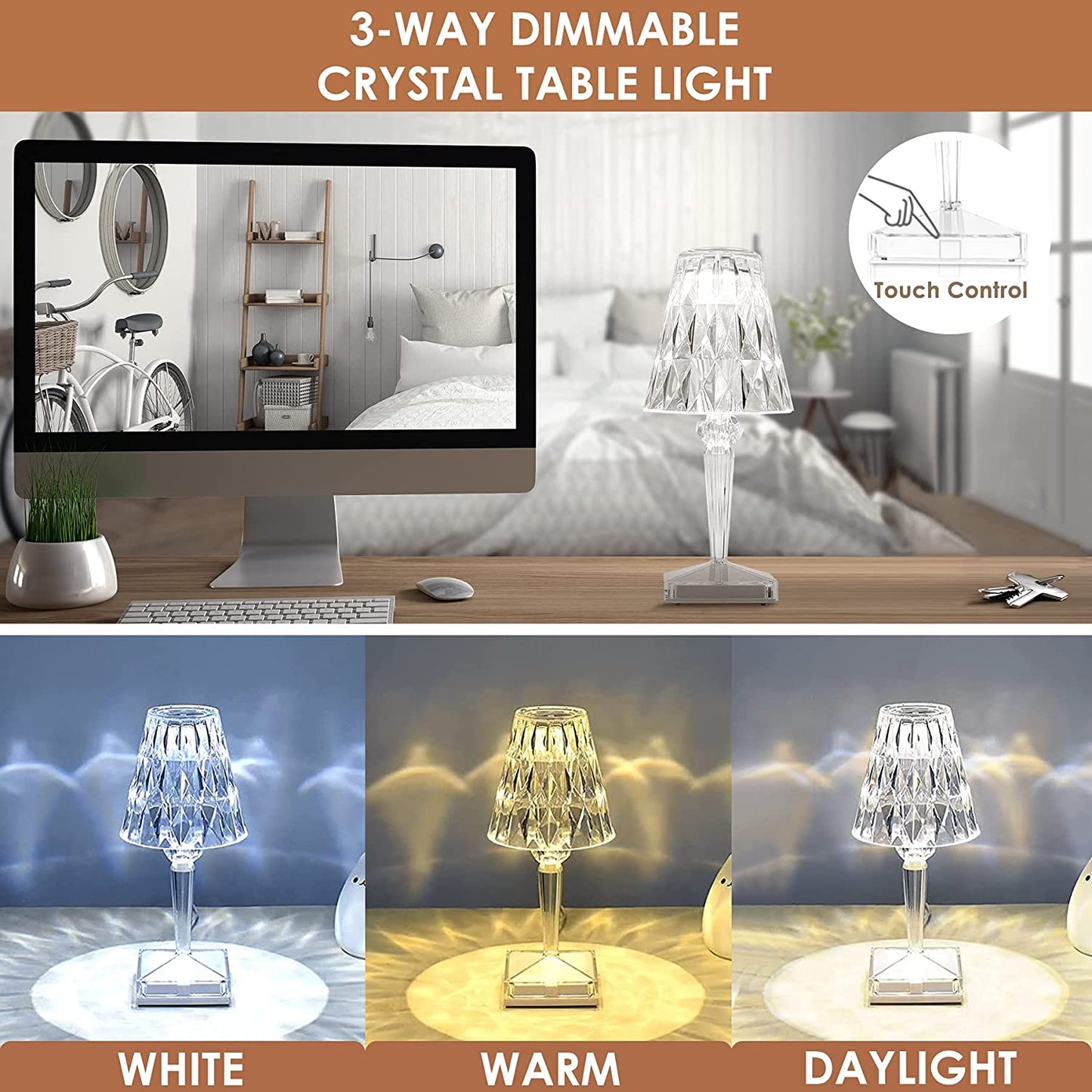 LED Diamond Crystal Table Lamp with Rechargeable Battery