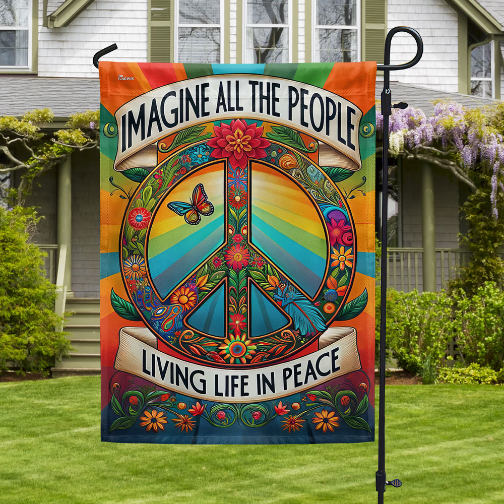 Peace Sign Hippie Flag Double-Sided Canvas - Imagine All The People Living Life In Peace