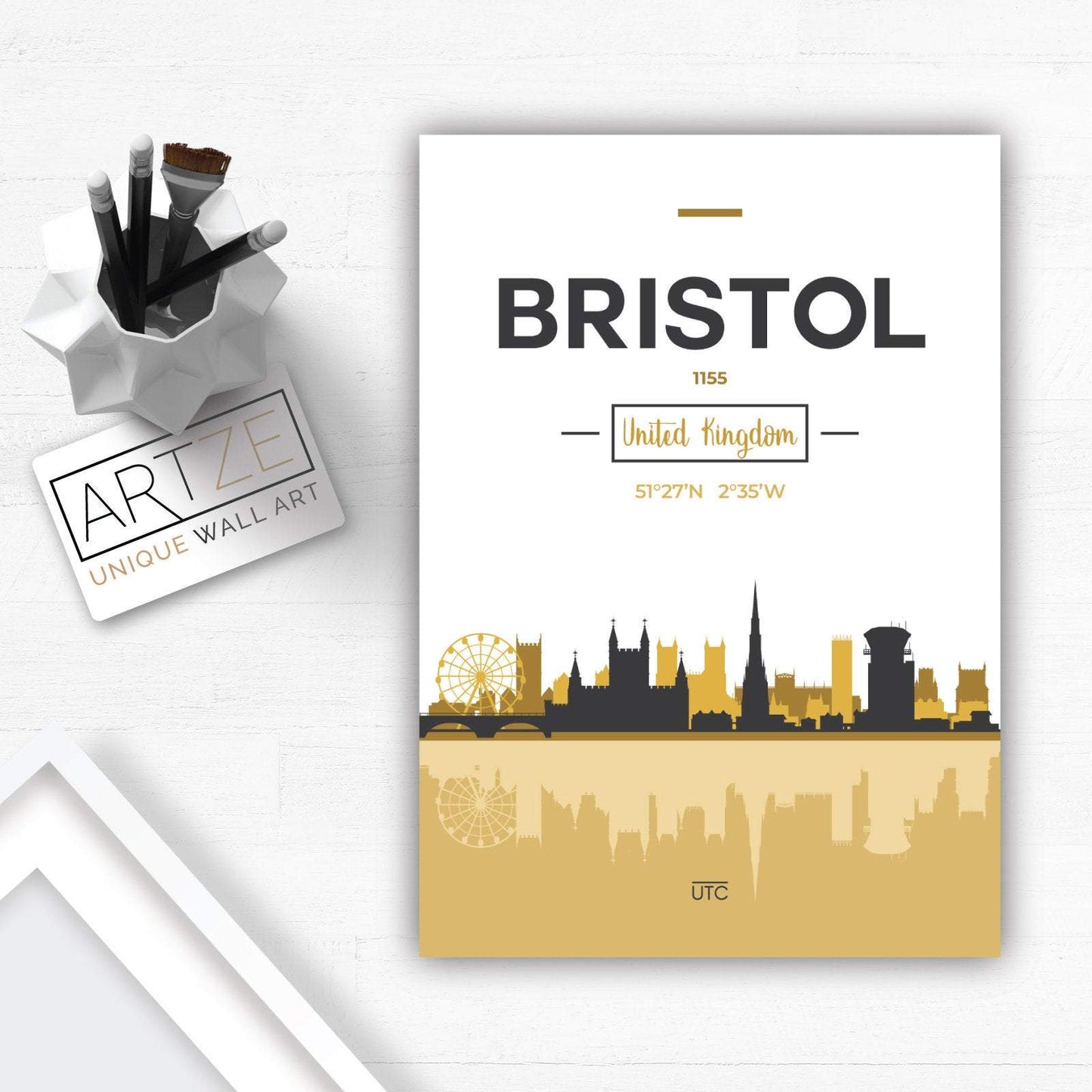 Bristol City Skyline Art Print in Yellow and Grey