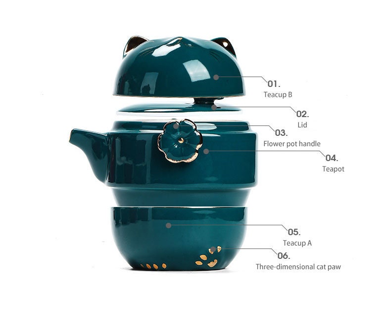 Ceramic Lucky Cat Tea Cup Set with Strainer and Lid