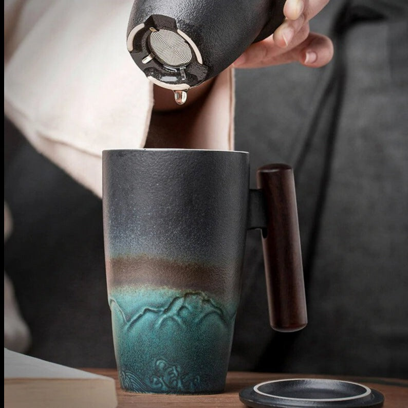 Large Ceramic Tea Cup with Lid - Hand-Painted Mountain Design