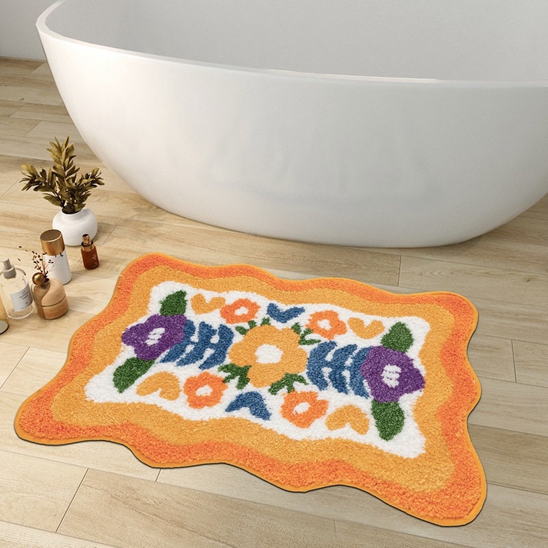 Colorful Flower Bath Mat - Orange and Purple Tulip Non-Slip Water-Absorbent Rug