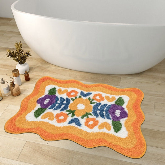 Colorful Floral Bathroom Mat - Orange and Purple Water-Absorbent Non-Slip Rug