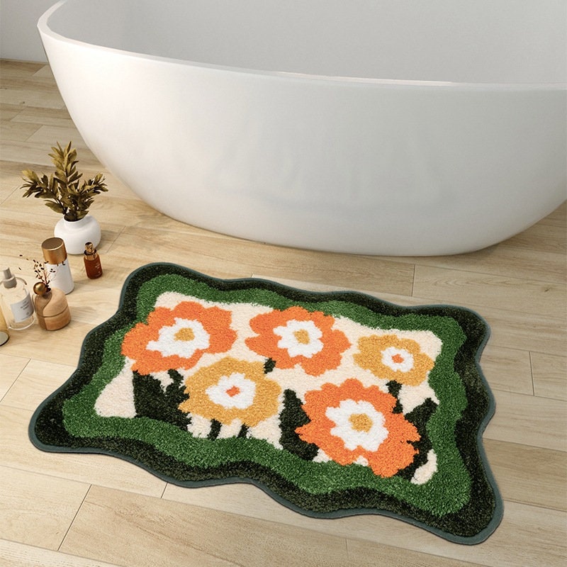 Colorful Floral Bathroom Mat - Orange and Purple Water-Absorbent Non-Slip Rug