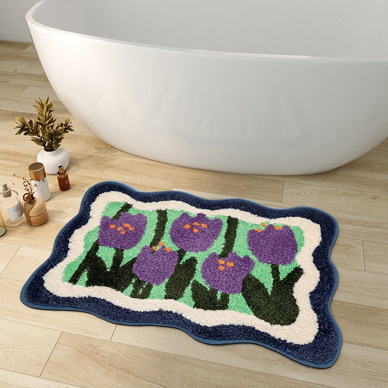 Colorful Flower Bath Mat - Orange and Purple Tulip Non-Slip Water-Absorbent Rug