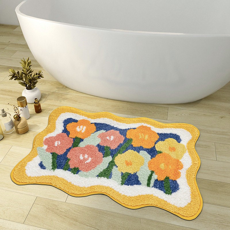 Colorful Flower Bath Mat - Orange and Purple Tulip Non-Slip Water-Absorbent Rug