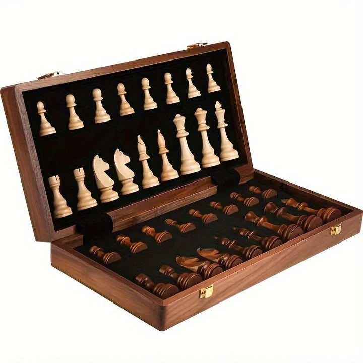 Folding Wooden Chess Set with Hand-Carved Pieces
