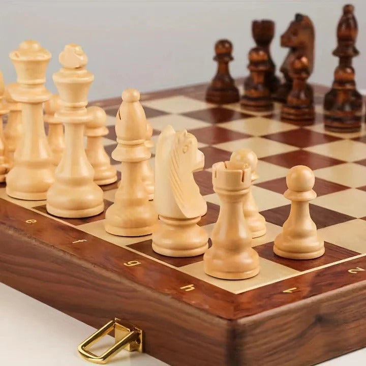 Folding Wooden Chess Set with Hand-Carved Pieces