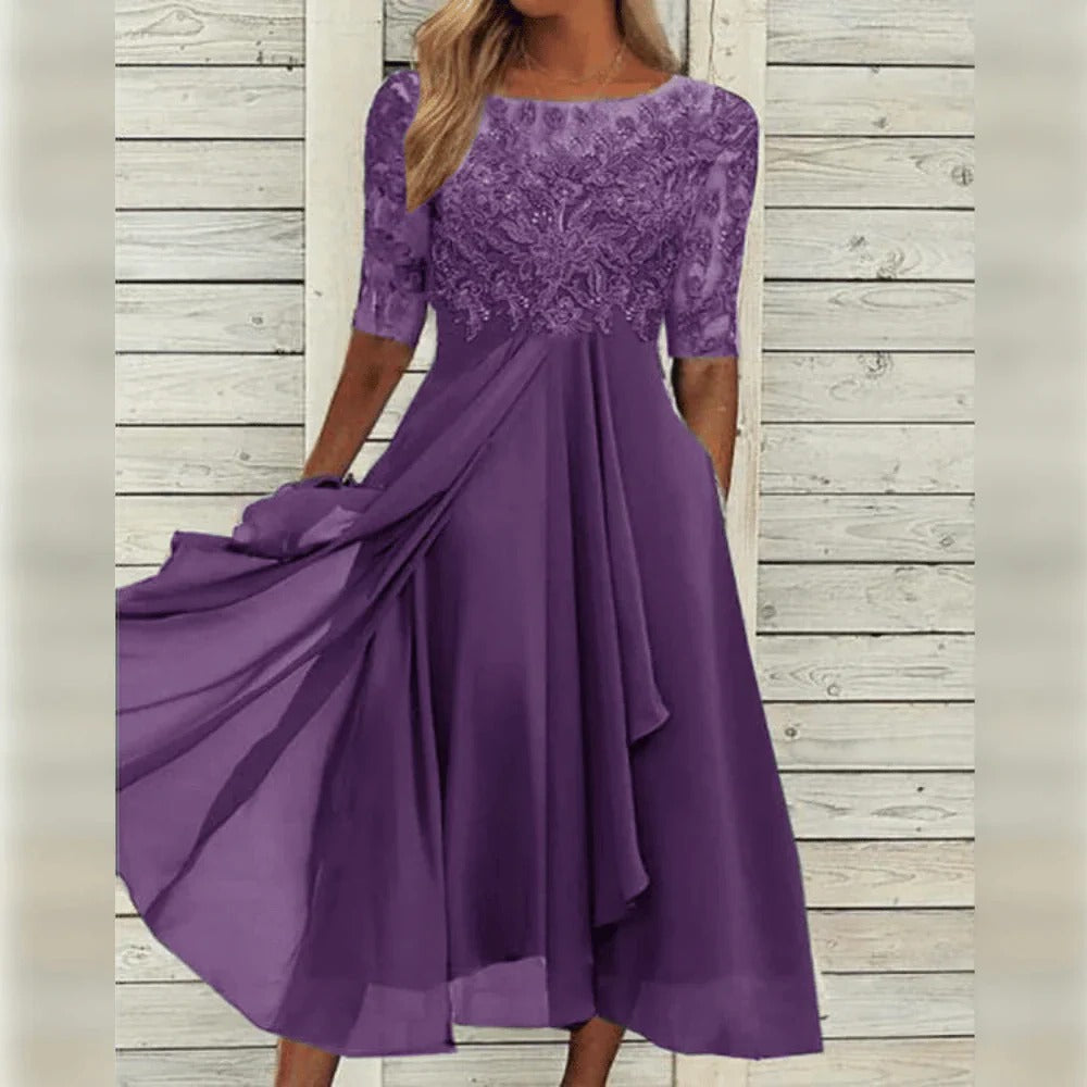 Elegant Lace Midi Dress with Flowing Skirt for Special Occasions