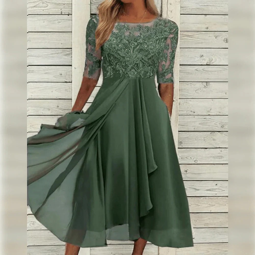 Elegant Lace Midi Dress with Flowing Skirt for Special Occasions