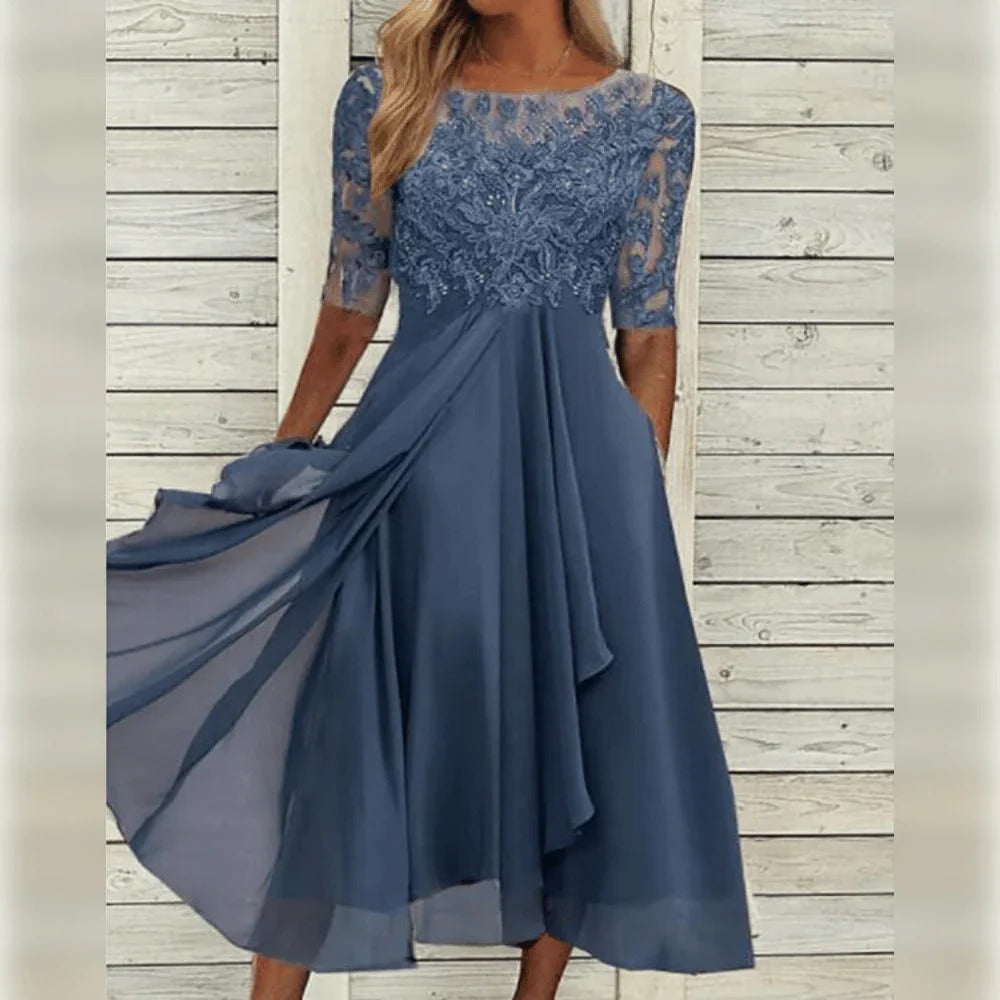 Elegant Lace Midi Dress with Flowing Skirt for Special Occasions