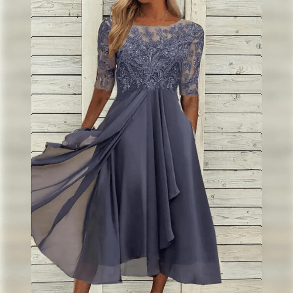 Elegant Lace Midi Dress with Flowing Skirt for Special Occasions